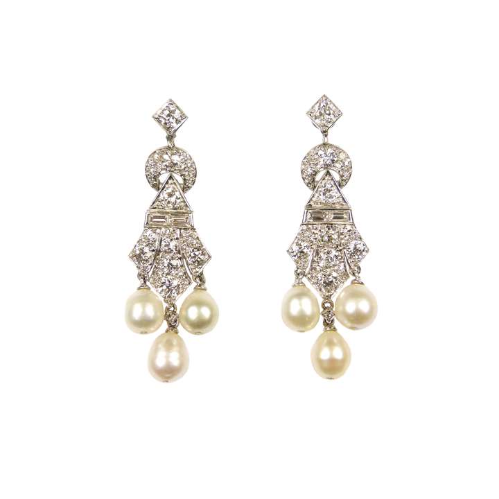 Pair of diamond and pearl triple drop pendant earrings